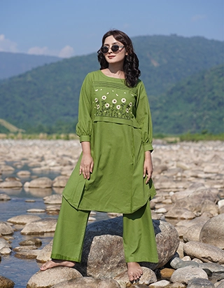 Lime Green Floral Embroidered Co-ord Set (LES-1917)