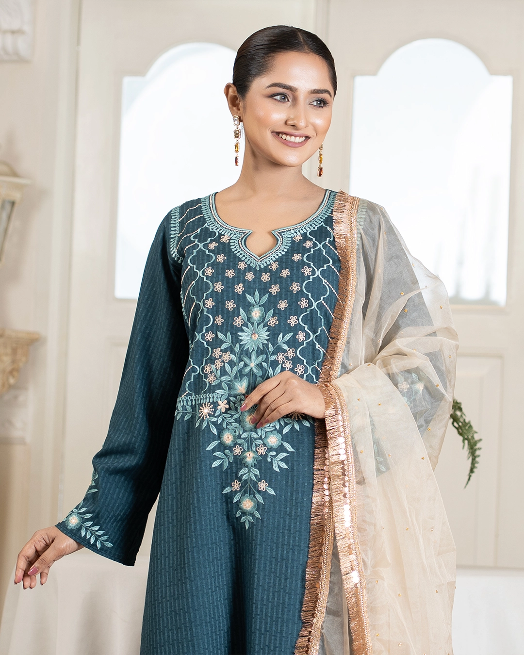 Teal Green Cotton Tencel Two Piece Embroidered Suit Set
