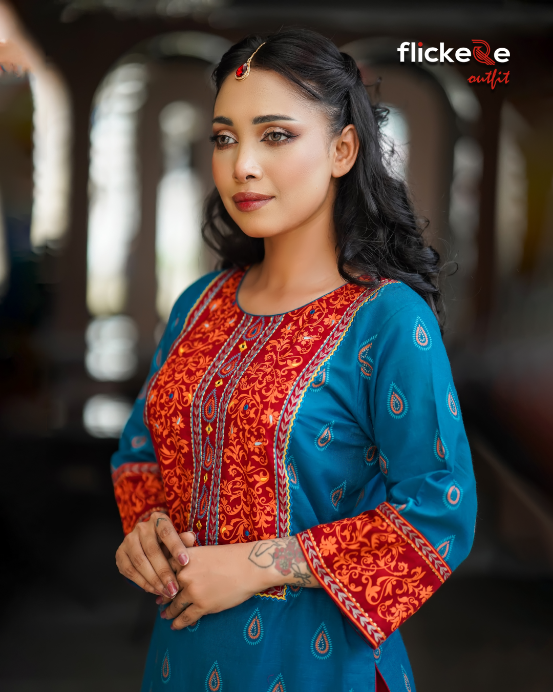 Premium Ethnic Blue 3 Piece Dress with Maroon Dupatta – Flickere Outfit