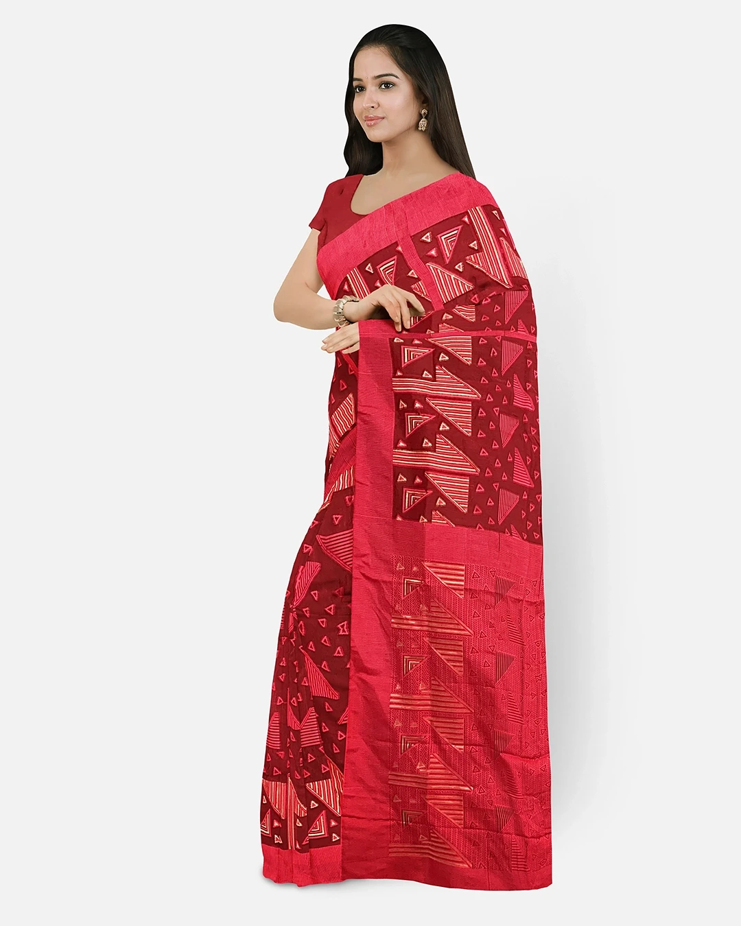 Flickere Outfit Cotton Half-Silk Saree in Crimson Red with Geometric Motif