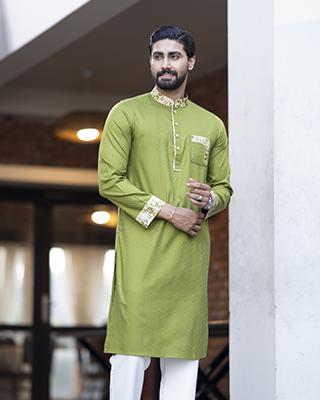 Men's Deep Olive Green Panjabi with Contrast Printed Accents EEW-FC- 2005