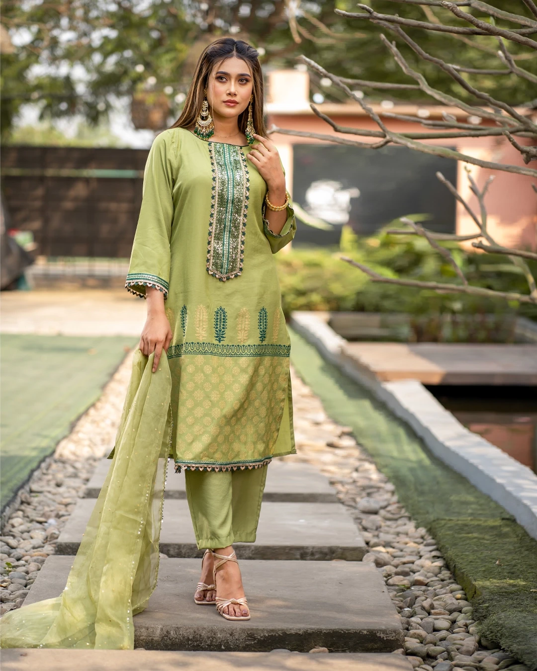 Olive Green Platinum Silk 3 Piece Salwar Kameez with Sequins & Karchupi Work – Organza Dupatta – Flickere Outfit