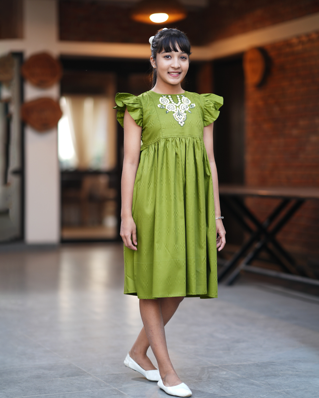 Girls' Deep Olive Green Frock with Floral Embroidery & Ruffle Sleeves - EEW-FC- 2005