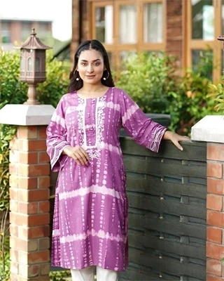 Purple Tie-Dye Cotton Embroidered Two Piece Kurti with White Pant – East End Wear by Flickere Outfit