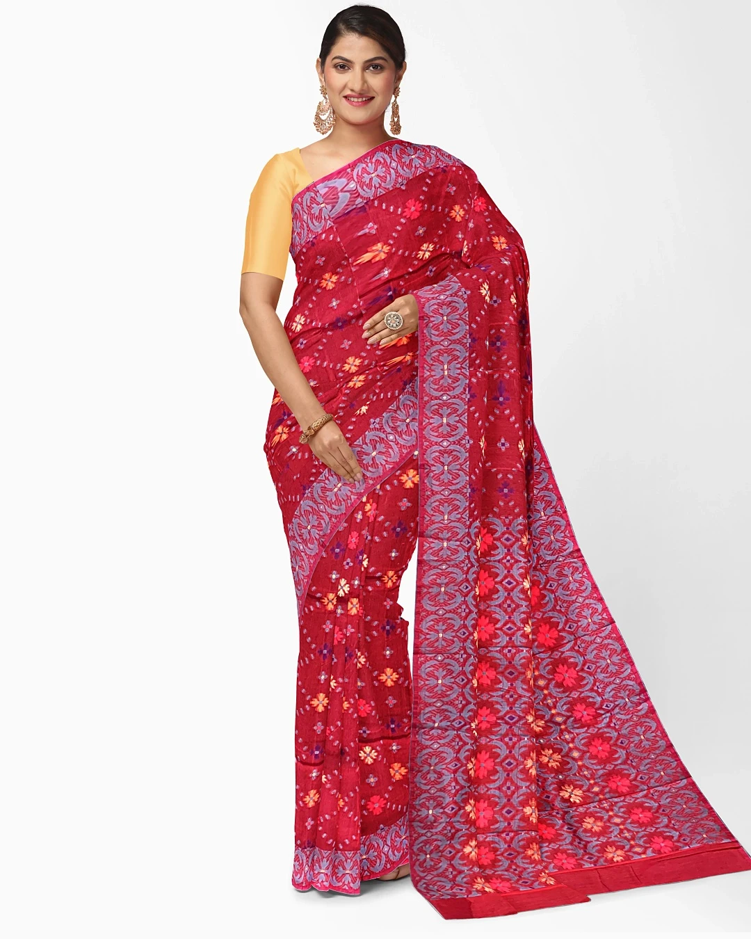 Flickere Outfit Red-Purple Floral Printed Half-Silk Saree with Contrast Border