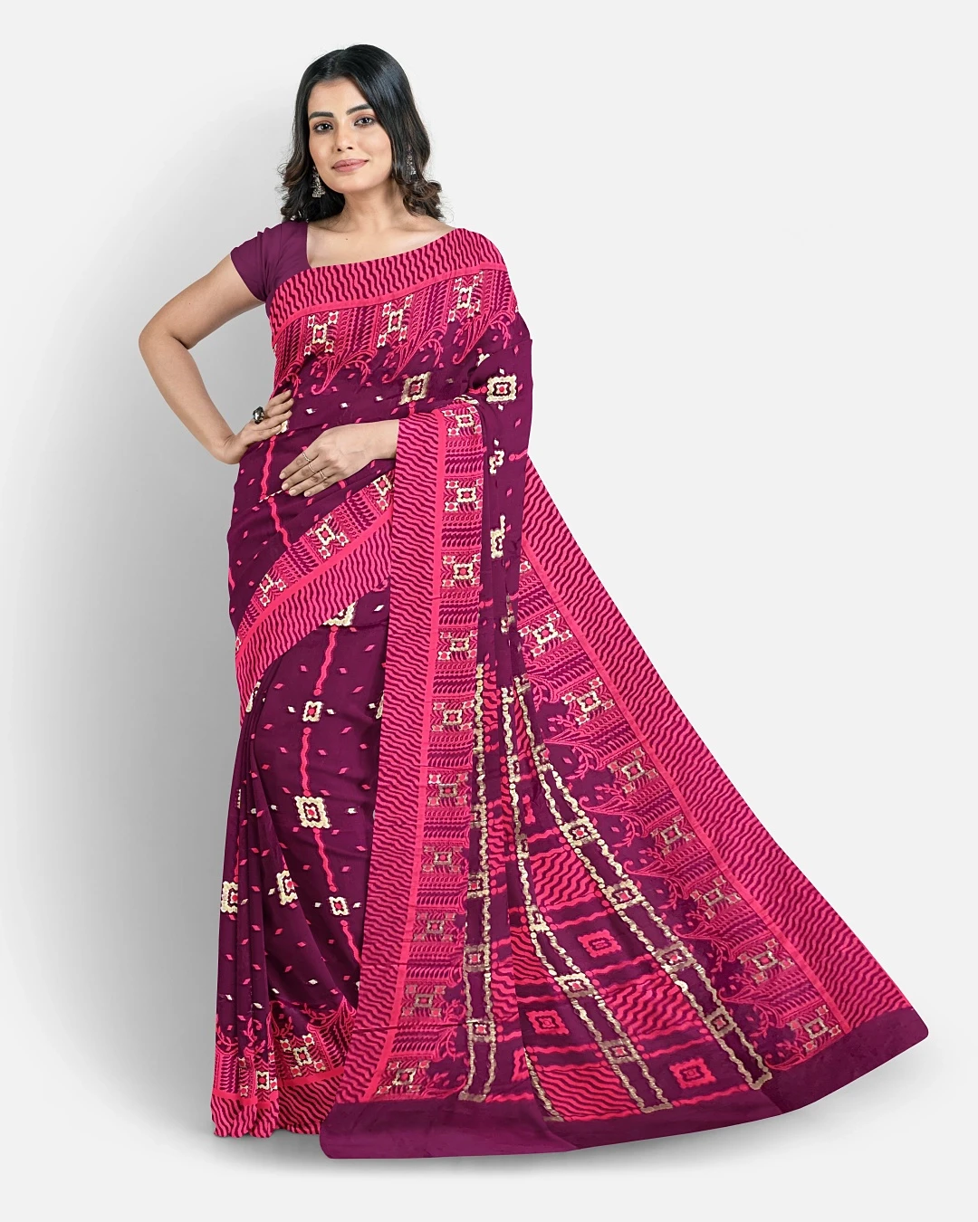 Flickere Outfit Premium Half-Silk Saree in Plum Wine & Rani Pink