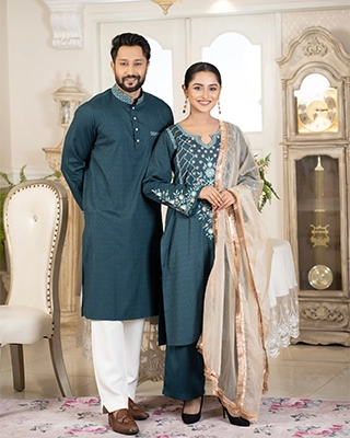 Festive Embroidered Couple Set in Teal Green | Flickere -1301