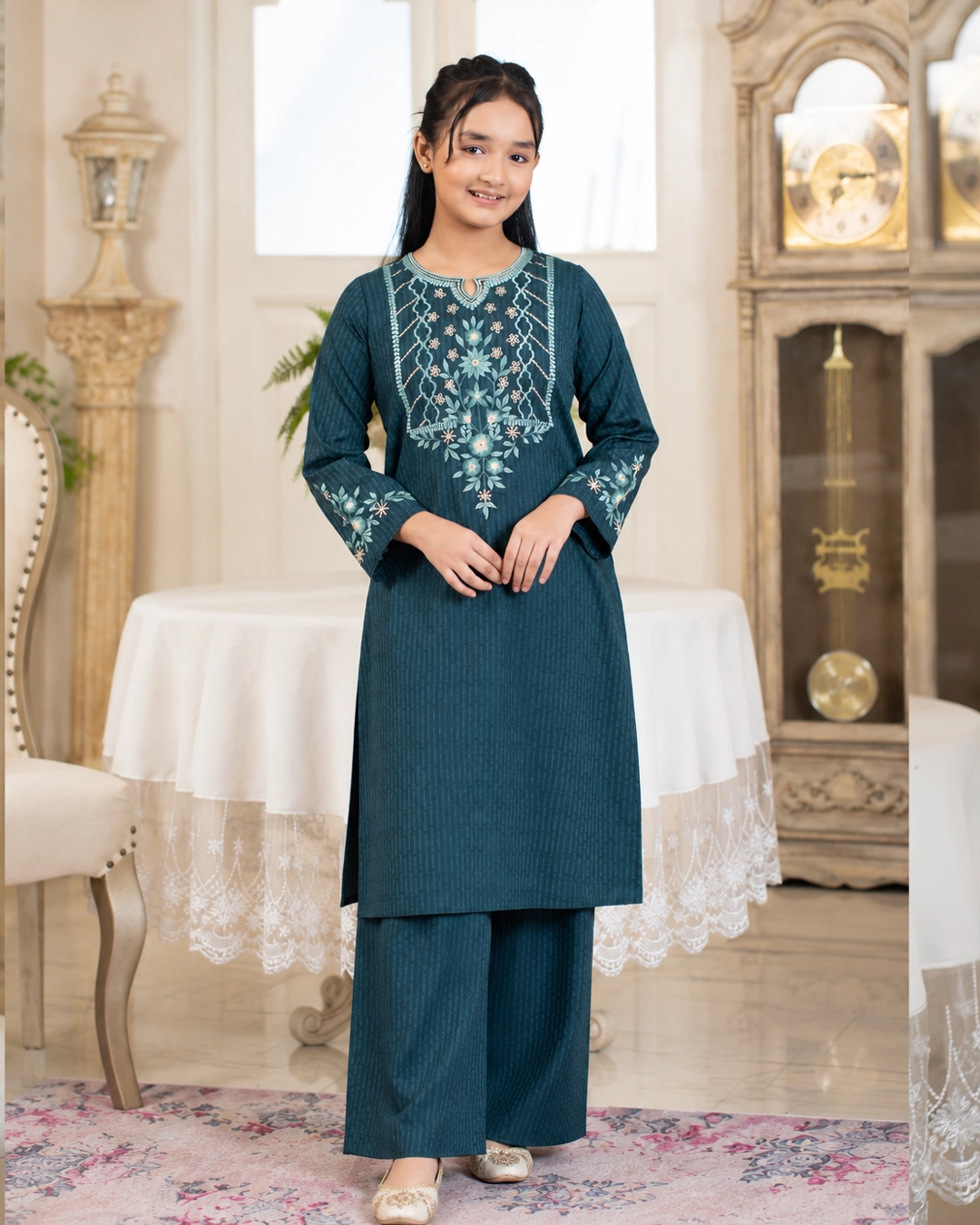 Baby Girl Deep Teal Cotton Tencel Embroidered Two Piece Set