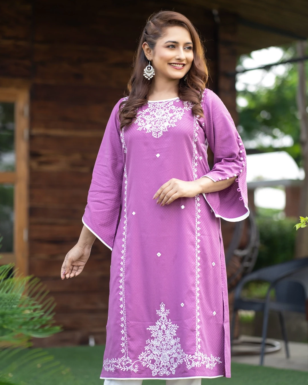 Lavender Embroidered Cotton Two Piece Kurti Set – Elegant Bell Sleeve Design