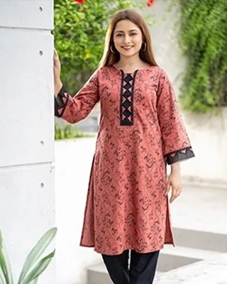 Premium Terracotta & Black Floral Print Cotton Kurti Set