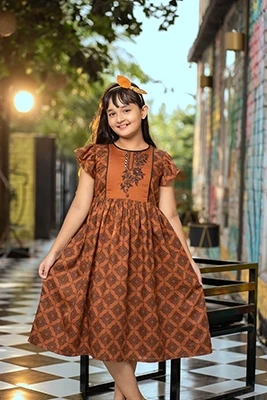 Baby Girl Cotton Tencel Frock | Rust Orange Embroidered Kids Frock-EEW-FC-1601A