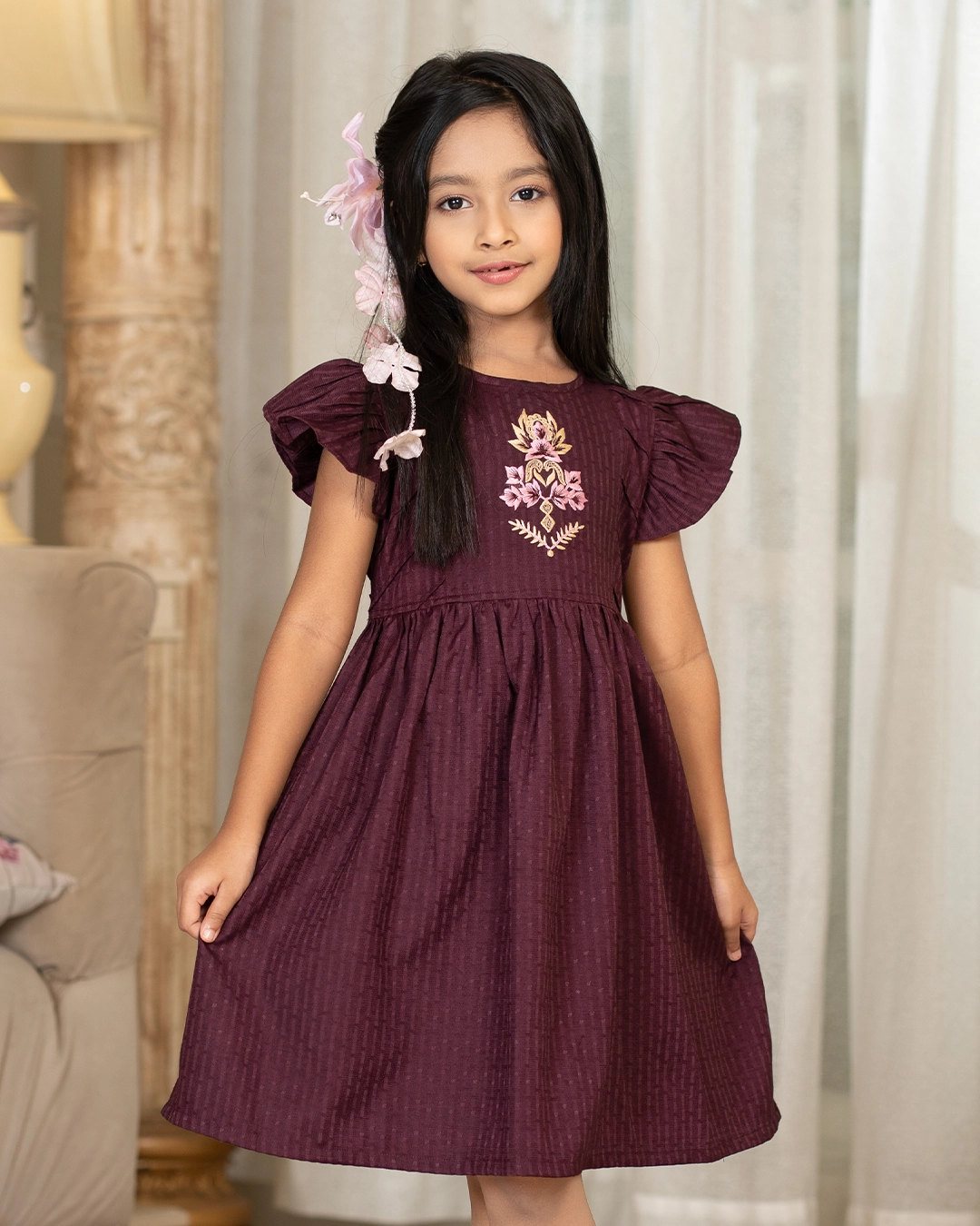 Deep Plum Embroidered Flutter Sleeve Frock for Baby Girls