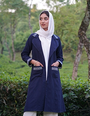 Navy Blue Geometric Embroidered Coat-Style Shrug (LES-1925B)