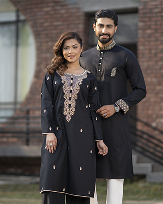 Elegant Black Couple Set with Gold Embroidery & Jacquard Texture - EEW-FC- 2004B