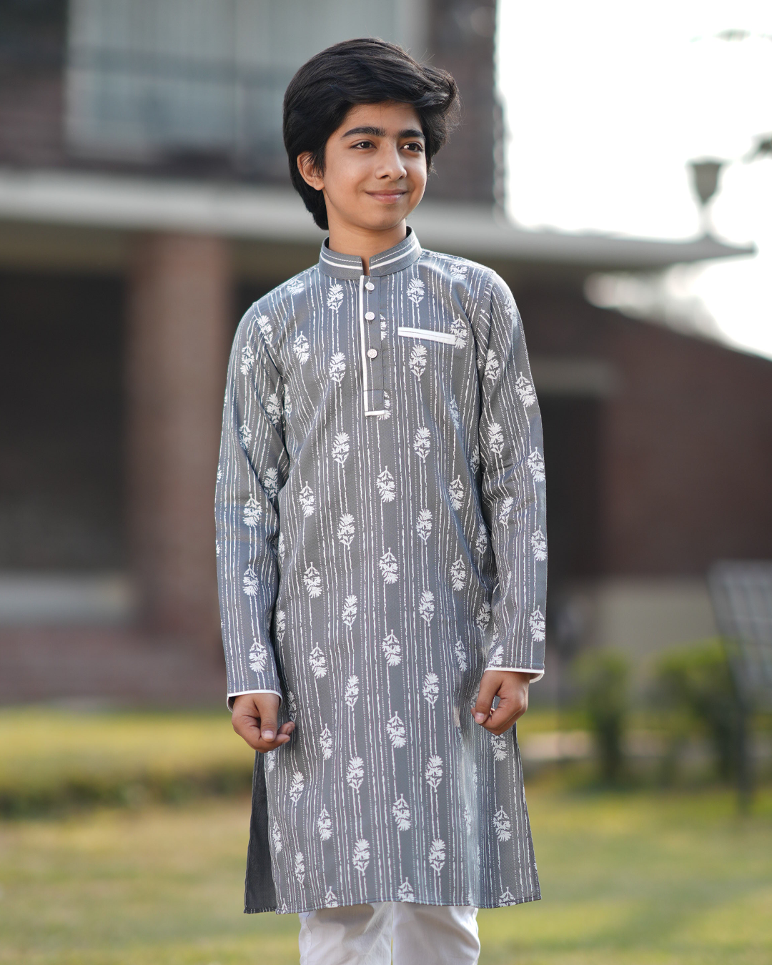 Baby Boy's Charcoal Grey Stripe & Floral Printed Panjabi- EEW-FC-2003A