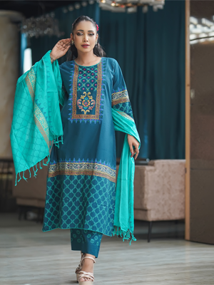 Elegant Teal Blue Embroidered Three Piece Salwar Kameez Set for Women | Flickere Outfit