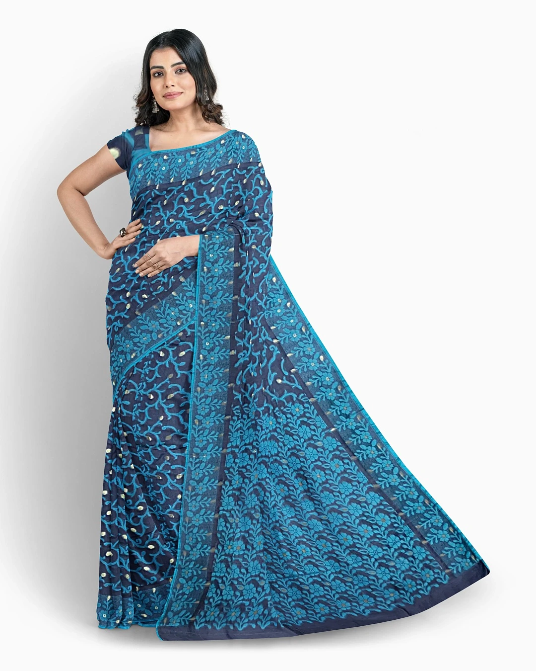 Flickere Outfit Half-Silk Saree: Dark Ash & Teal Floral Fantasy