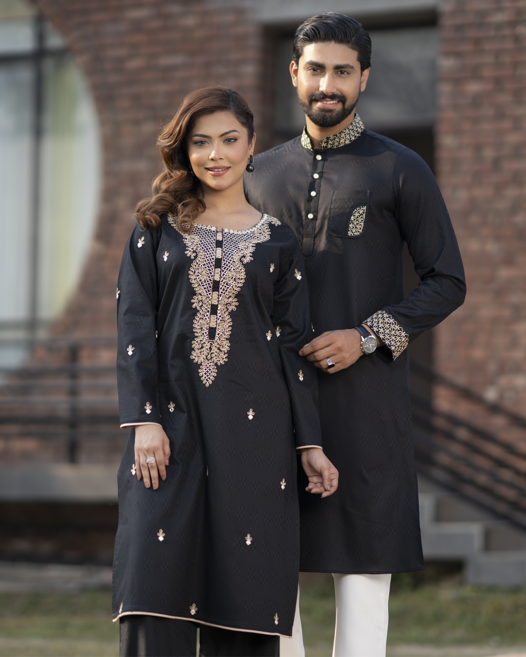 Elegant Black Couple Set with Gold Embroidery & Jacquard Texture - EEW-FC- 2004B