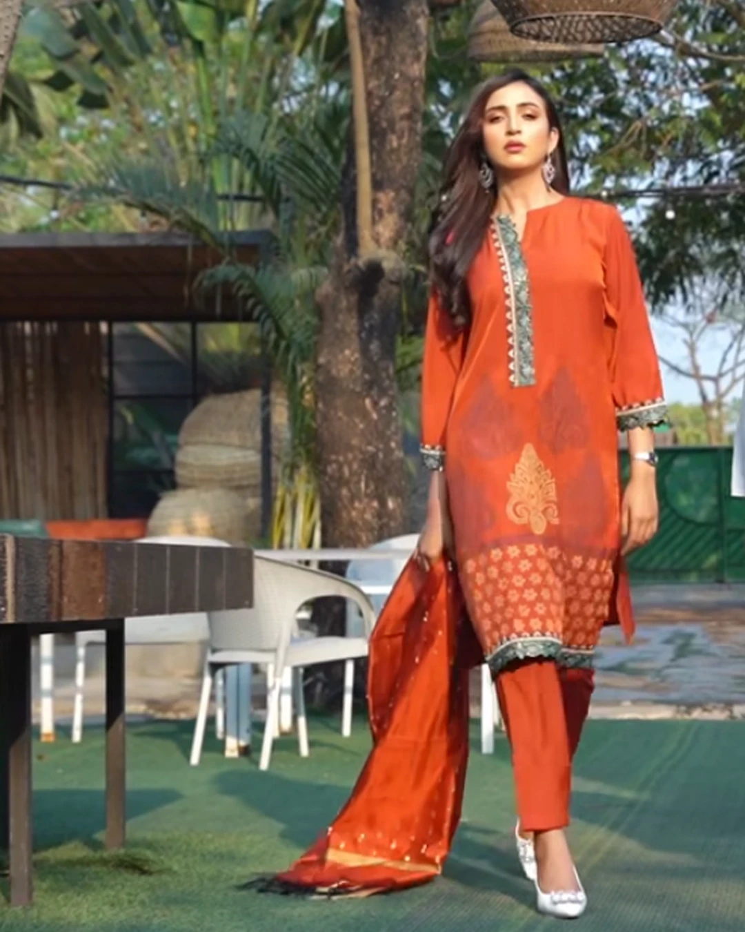 Dark Orange Platinum Silk 3-Piece Salwar Kameez Set with Afsan Printed Design & Embroidered Dupatta