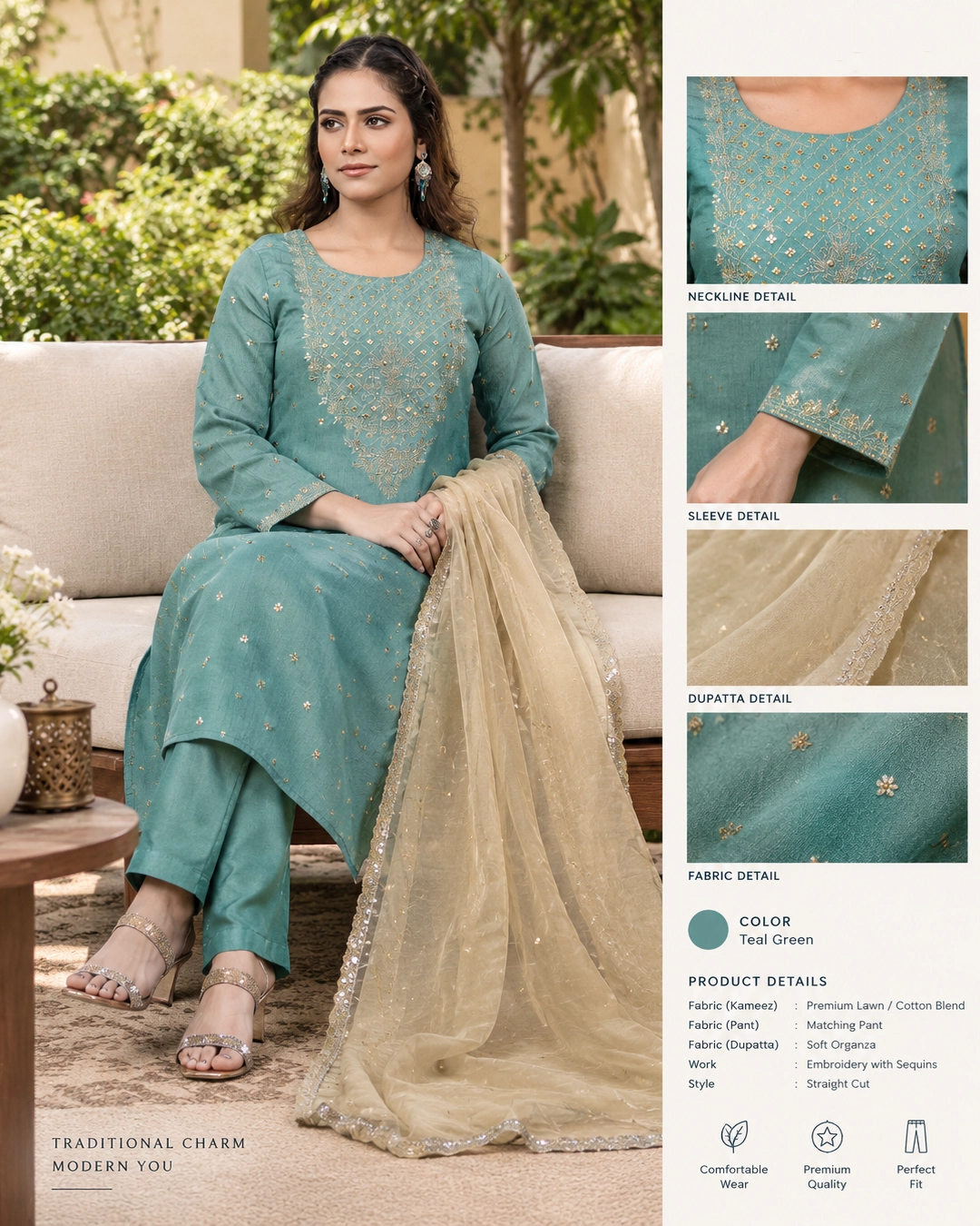Alizeh Sage Green Cinon Embroidered Three Piece Suit Set