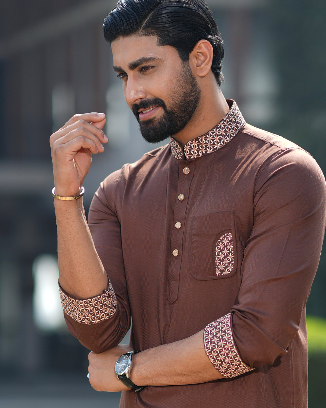 Men's Coffee Brown Embroidered Panjabi with Textured Jacquard Finish- EEW-FC- 2004A