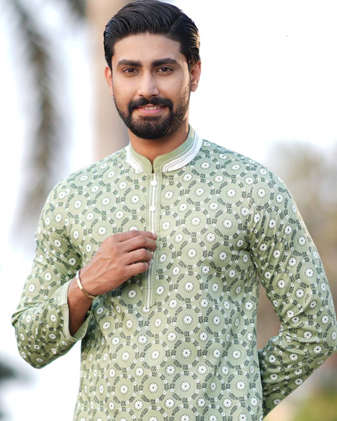 Men's Sage Green Ethnic Panjabi with Floral Print - EEW-FC–2002B