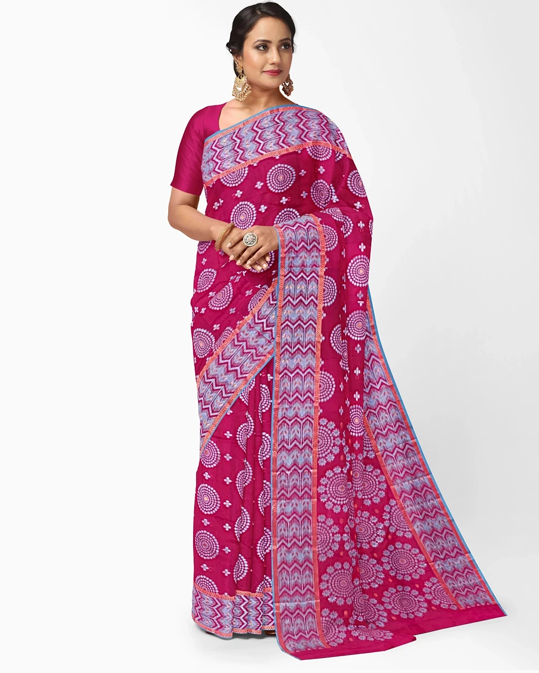 Elegant Vibrant Pink Sari with Geometric Patterns