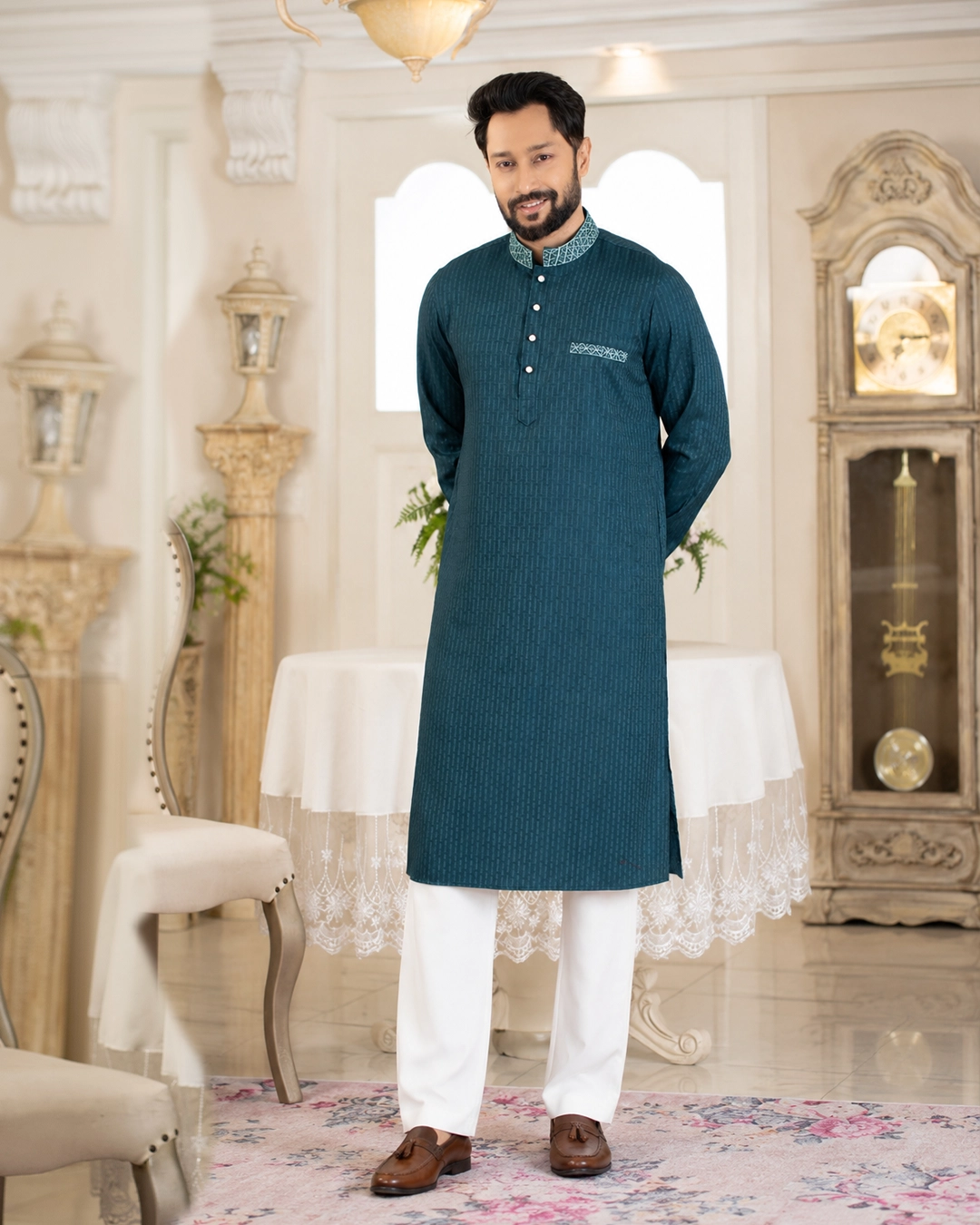 Alizeh Teal Green Cotton Tencel Embroidered Men's Panjabi Set