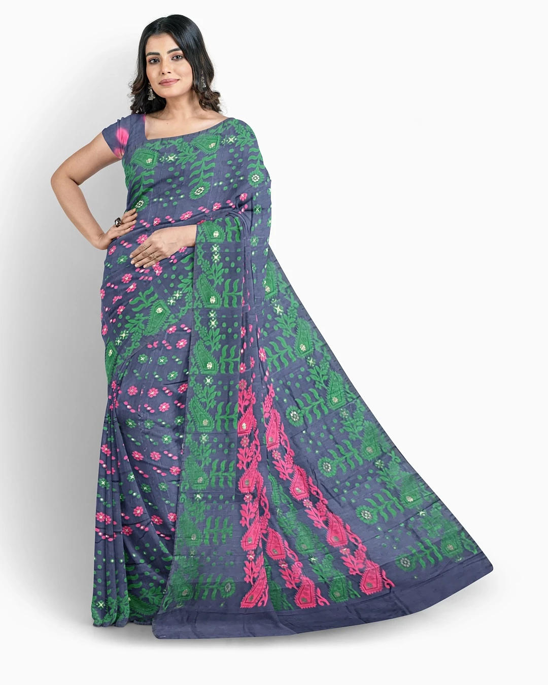 Mist Blue – Purple Half-Silk Saree with Pink & Green Motif Work