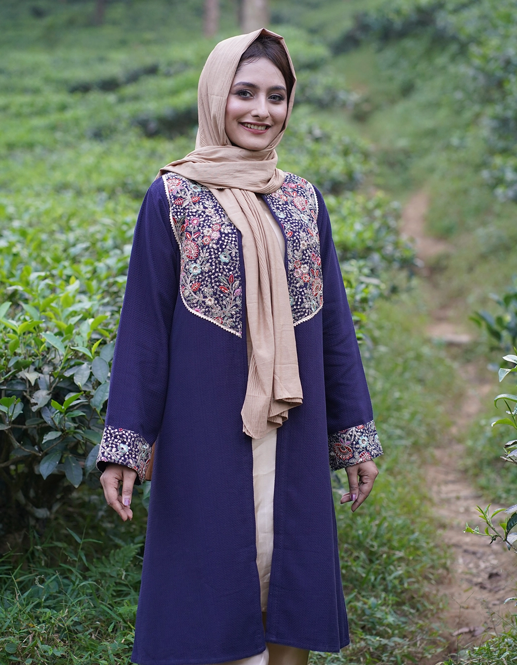 Indigo Floral Embroidered Long Shrug (LES-1920)