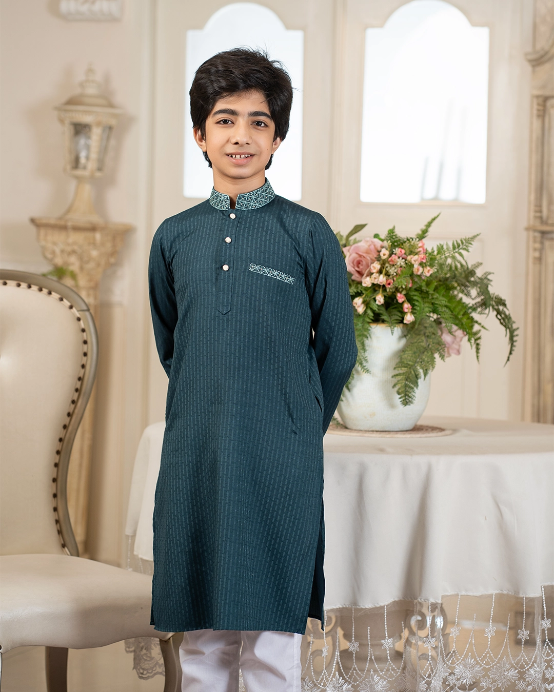 Baby Boys Teal Green Cotton Tencel Embroidered Panjabi