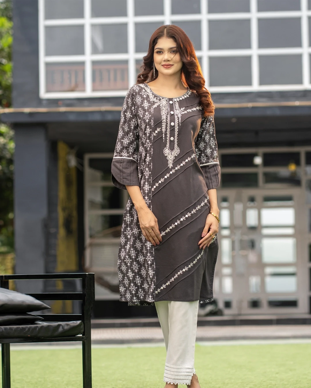 Elegant Charcoal Grey Cotton Tencel Kurti & Salwar Set for Women