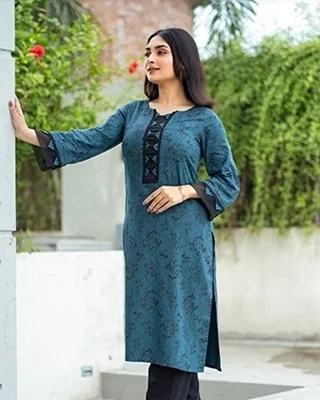 Teal Blue Floral Cotton Two-Piece Kurti for Women – Summer Casual & Office Wear