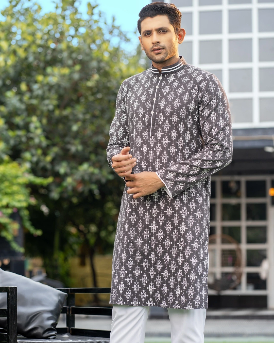 Charcoal Grey Embroidered and Printed Panjabi for Men