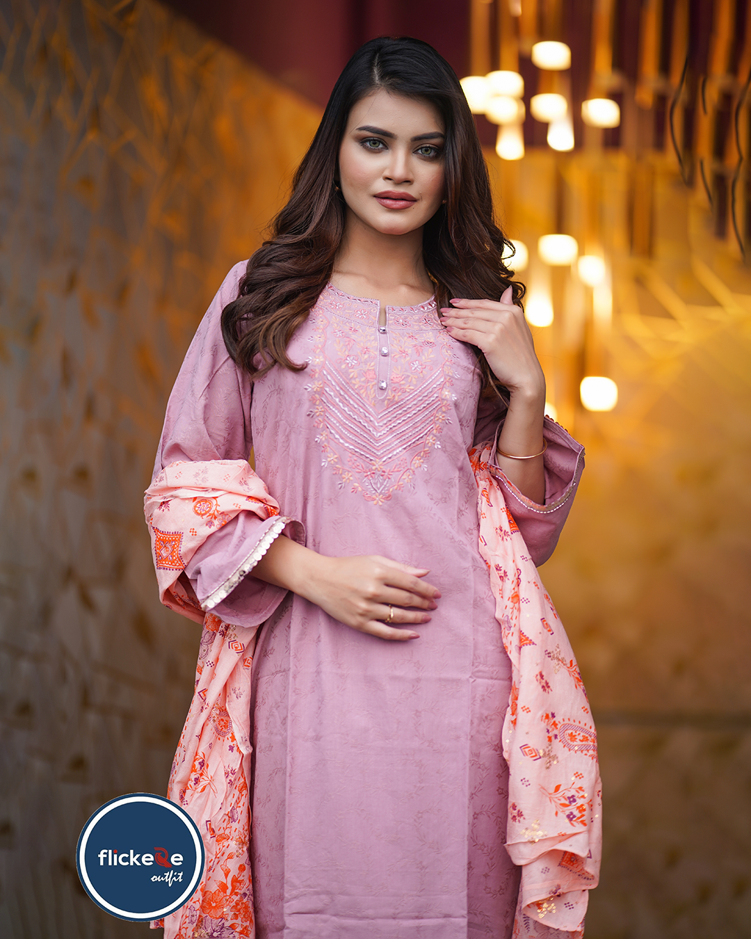 Elegant Peach Embroidered Suit with Multi-Color Organza Dupatta-FLK-02