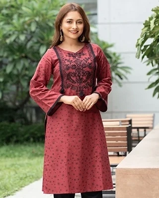 Crimson Red Cotton Two Piece Kurti Set with Black Embroidered Detailing