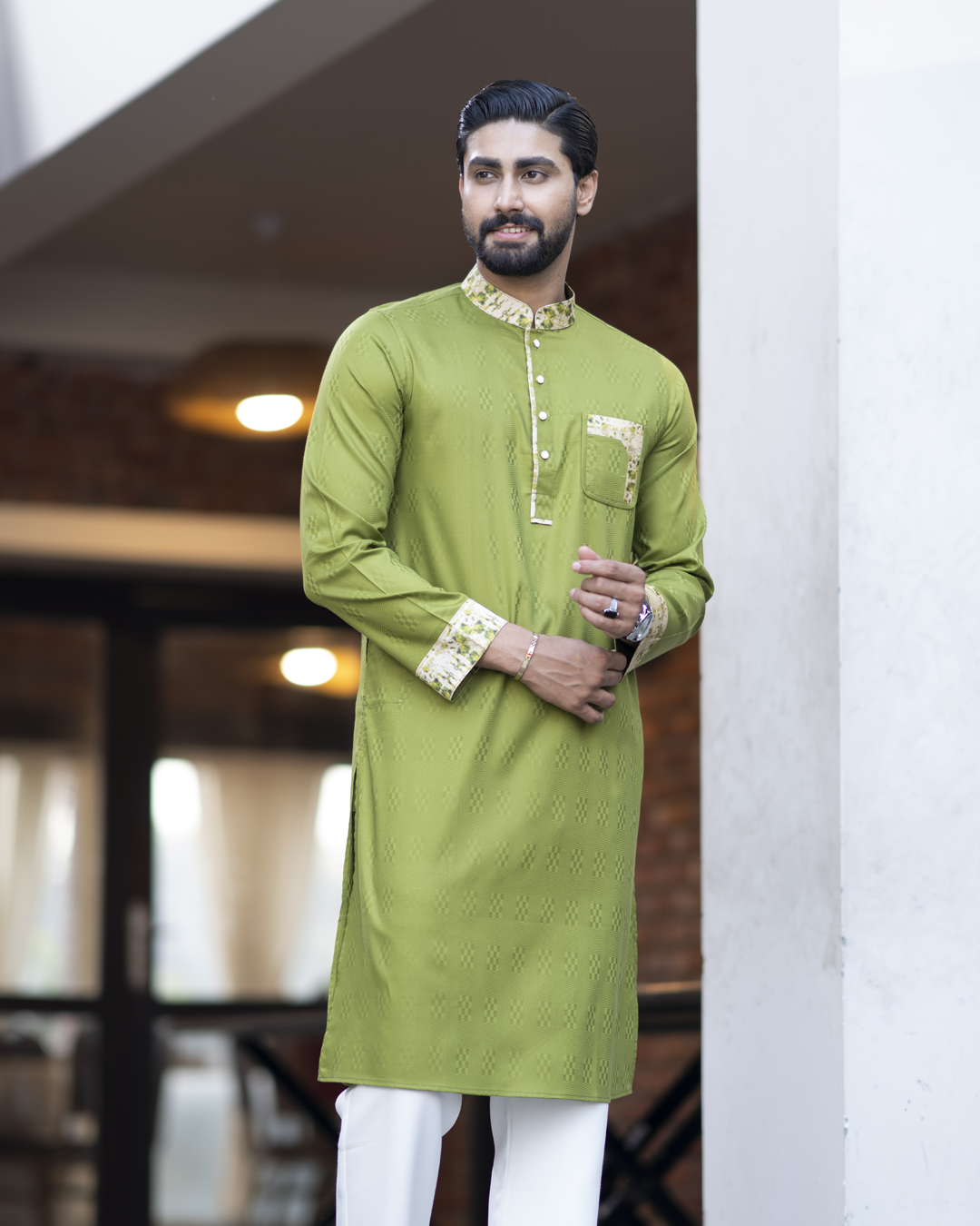 Men's Deep Olive Green Panjabi with Contrast Printed Accents EEW-FC- 2005
