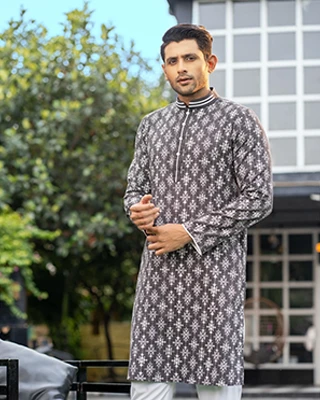 Charcoal Grey Embroidered and Printed Panjabi for Men