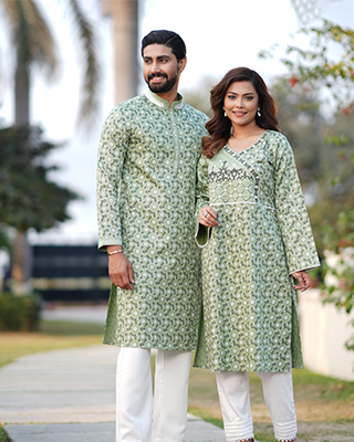 Sage Green Ethnic Couple Set: Embroidered Kurti & Printed Panjabi-EEW-FC–2002B