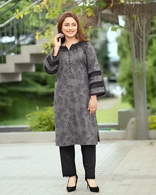 Grey Leaf Print Two Piece Kurti Set – Elegant Casual & Office Wear