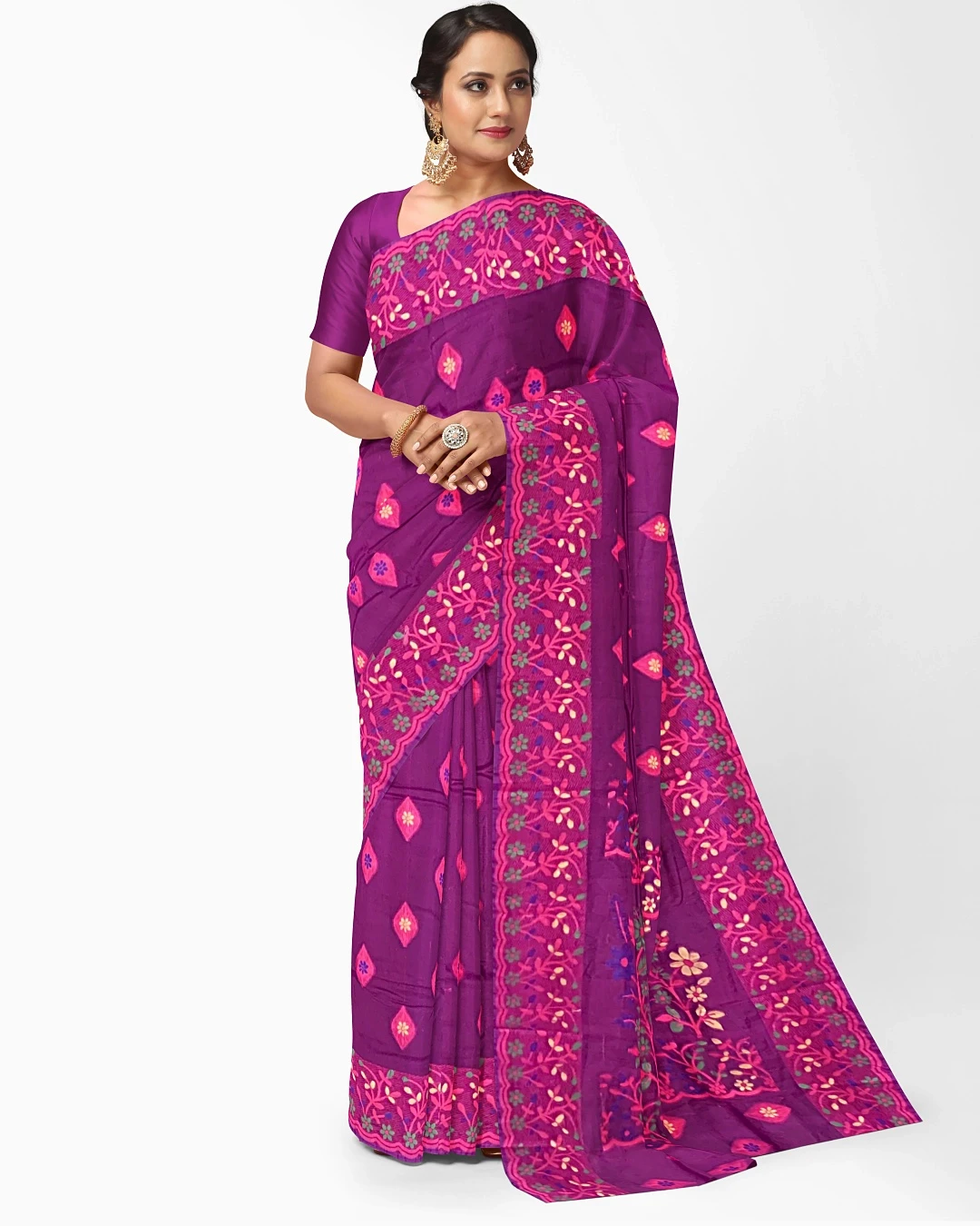 Flickere Outfit- Rich Violet Floral Half-Silk Saree