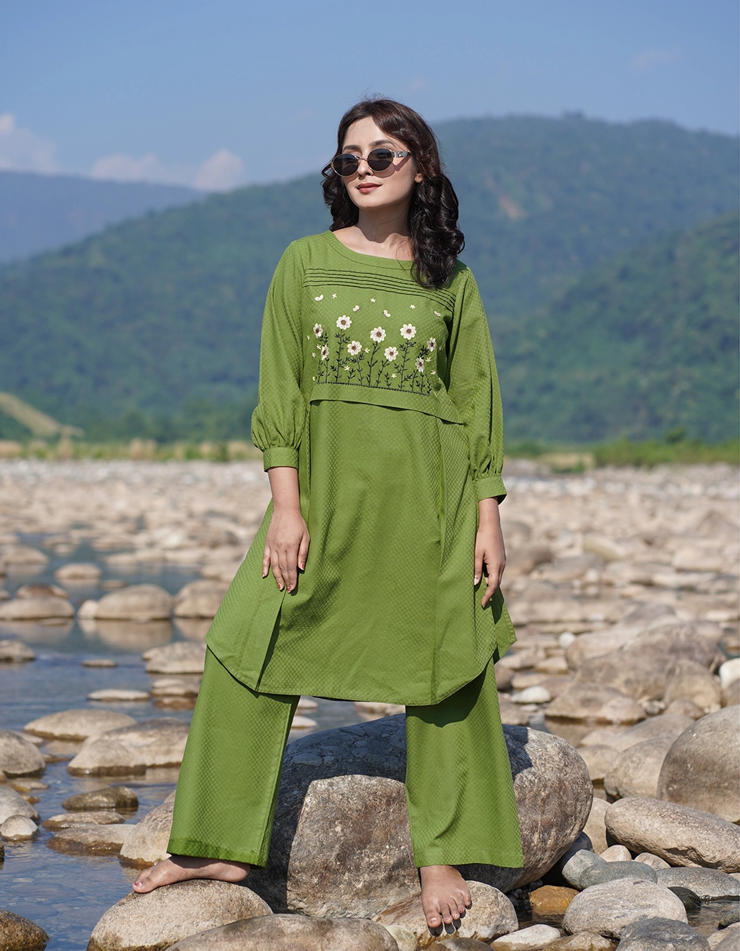 Lime Green Floral Embroidered Co-ord Set (LES-1917)