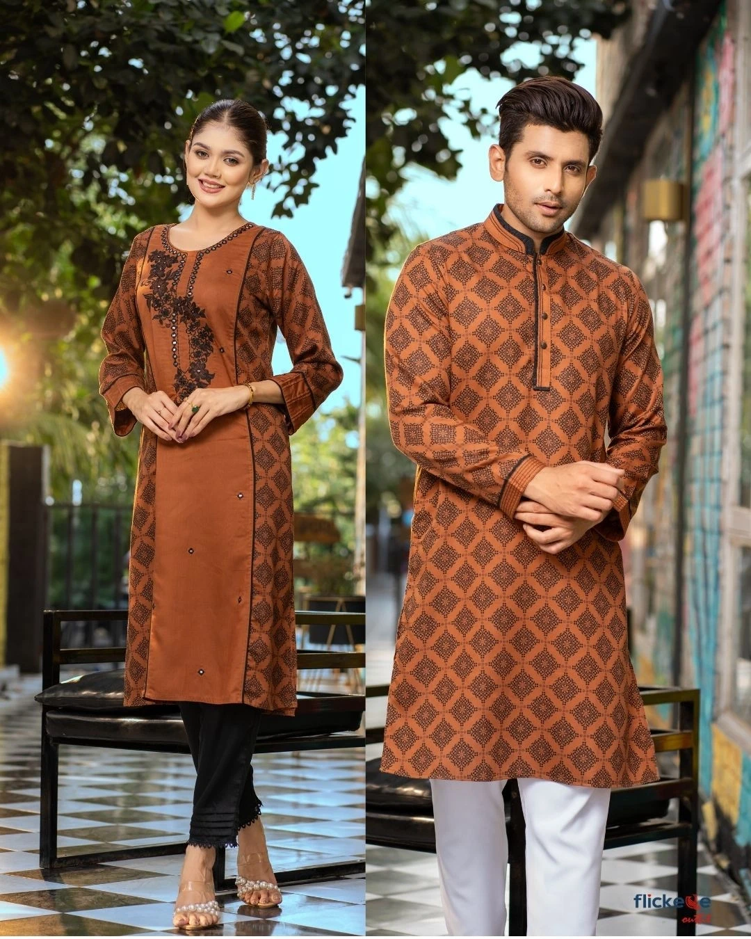 Ethnic Rust Orange Couple Set | Premium Cotton Tencel Kurti & Panjab-EEW-FC-1601A