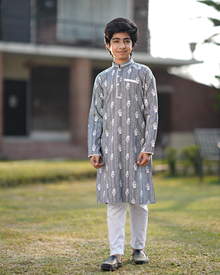 Baby Boy's Charcoal Grey Stripe & Floral Printed Panjabi- EEW-FC-2003A