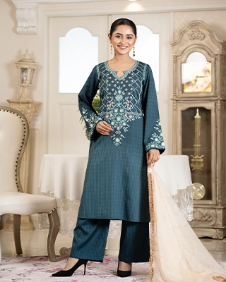 Teal Green Cotton Tencel Two Piece Embroidered Suit Set