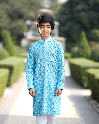 Boy's Sky Blue Ethnic Panjabi with White Piping Detail -  EEW-FC–2002A