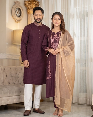 Royal Plum Embroidered Cotton Tencel Matching Couple Set (Panjabi & Kurti-Dupatta)