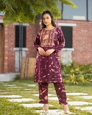 Flickere Outfit - Maroon & Beige Tie-Dye Cotton 2 Piece Set with Embroidered Kurti and Matching Pant – Ladies Ethnic Wear