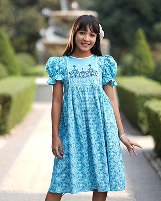 Kids' Sky Blue Floral Print Festive Frock with Puff Sleeves - EEW-FC–2002A