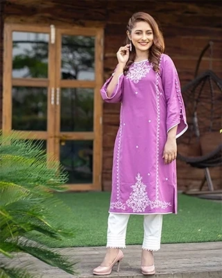 Lavender Embroidered Cotton Two Piece Kurti Set – Elegant Bell Sleeve Design